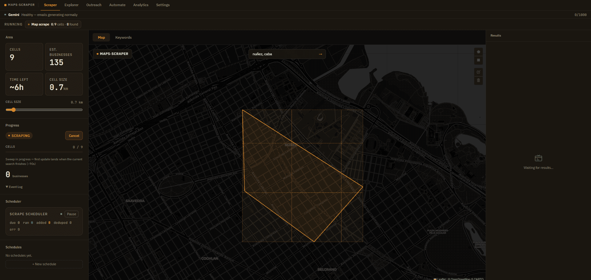Canvass scraper with a polygon drawn over a Buenos Aires map, split into grid cells